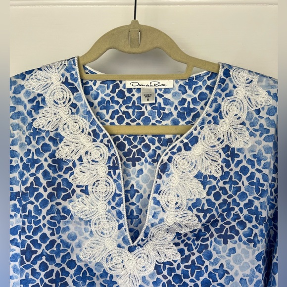 Oscar de la Renta Embroidered Caftan Tunic Dress Coverup Resort Blue Sleep Small - Picture 5 of 10